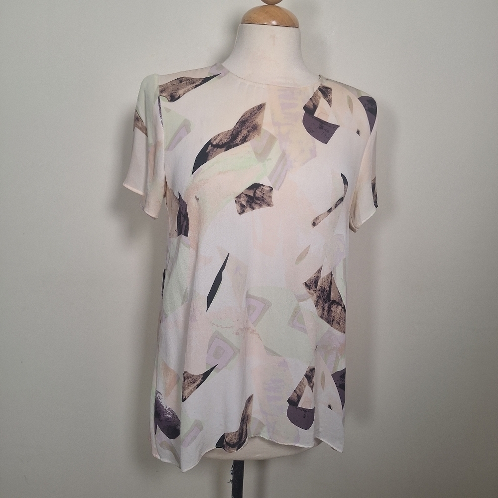 Aritzia Abstract Print Silk Low Key Hole Back Short Sleeve Hi/lo Tunic SZ S